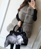 Style Red Fox Fur Decorated Faux Leather Tote Handbag