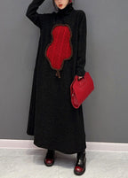 Stylish Black Turtle Neck Applique Thick Knit Long Dress Winter