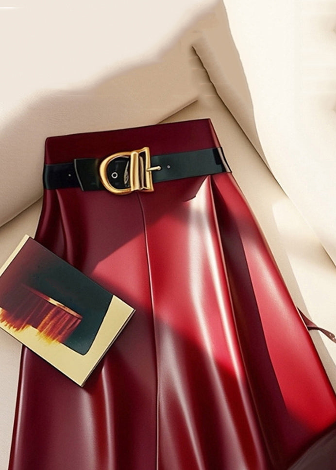 Stylish Red Sashes Solid High Waist Faux Leather Skirts Winter