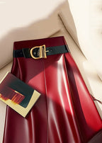 Stylish Red Sashes Solid High Waist Faux Leather Skirts Winter