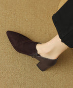 Suede Zippered Splicing Boutique Brown Chunky Heels Pointed Toe