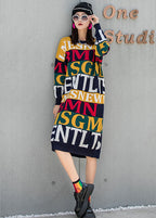 Unique O-Neck Loose Graphic Fall Knit Dress Long Sleeve