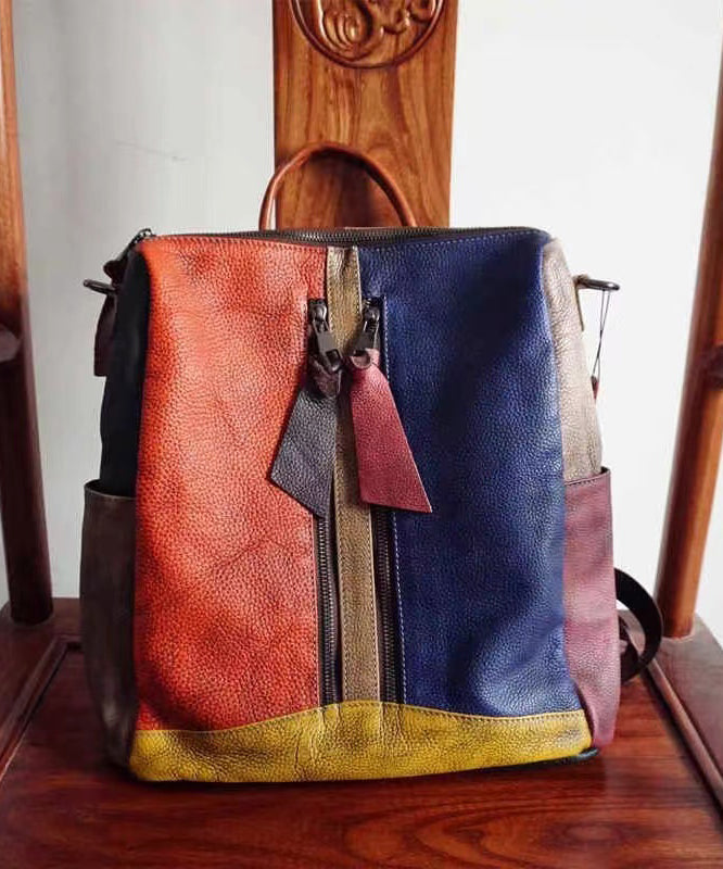 Vintage Colorblock Patchwork Calf Leather Backpack