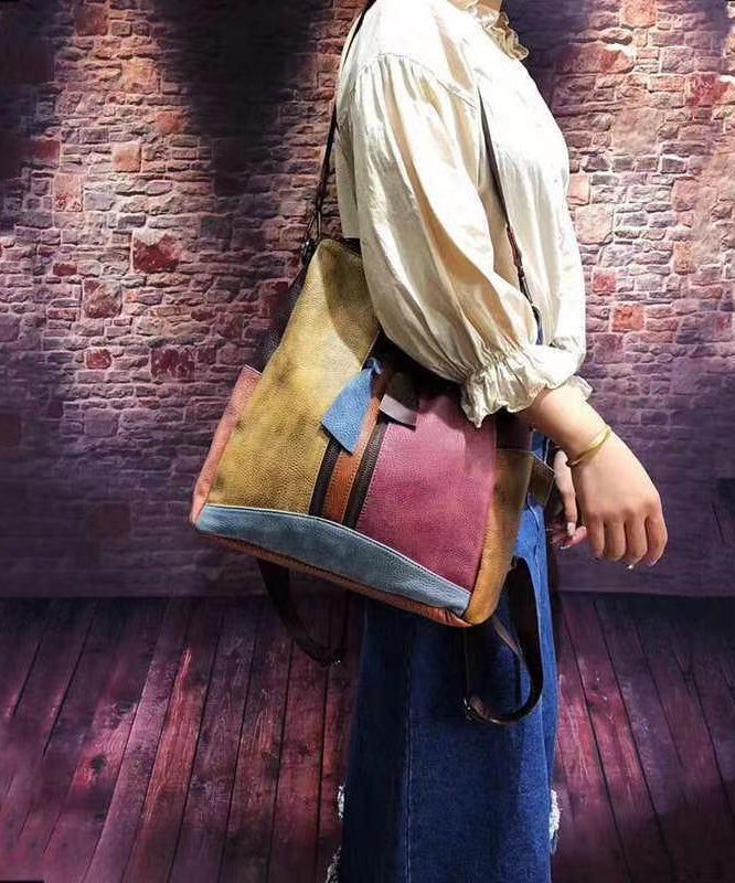 Vintage Colorblock Patchwork Calf Leather Backpack