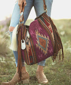 Vintage Khaki Tassel Geometric Embroidery Linen Satchel Handbag