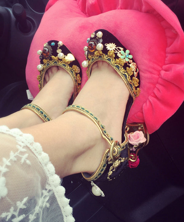 Vintage Palace Feng Zircon Flower Black Buckle Strap High Heels