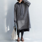 Vintage Sweater knit top pattern Moda hooded gray striped Mujer knit dress