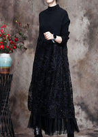 Women Black Knit Patchwork asymmetrical design Fall Knit Dress