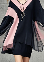 Women Black V Neck Patchwork Tulle Sweater Dress Fall