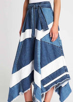Women Blue Asymmetrical Patchwork Denim A Line Skirts Summer