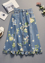 Women Blue Ruffled Print Denim Skirt Fall