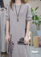 Women Grey O Neck Print Knit Sweater Dress Winter