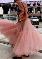 Women Pink High Waist Patchwork Pleated Tulle Fall Skirts