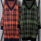 Women green plaid Cotton Long Shirts side open daily v neck Dress